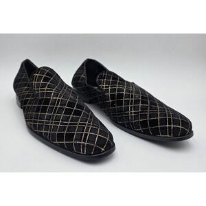 After Midnight Men's Formal Loafers Black Gold Metallic Grid Tuxedo Shoes Sz 12